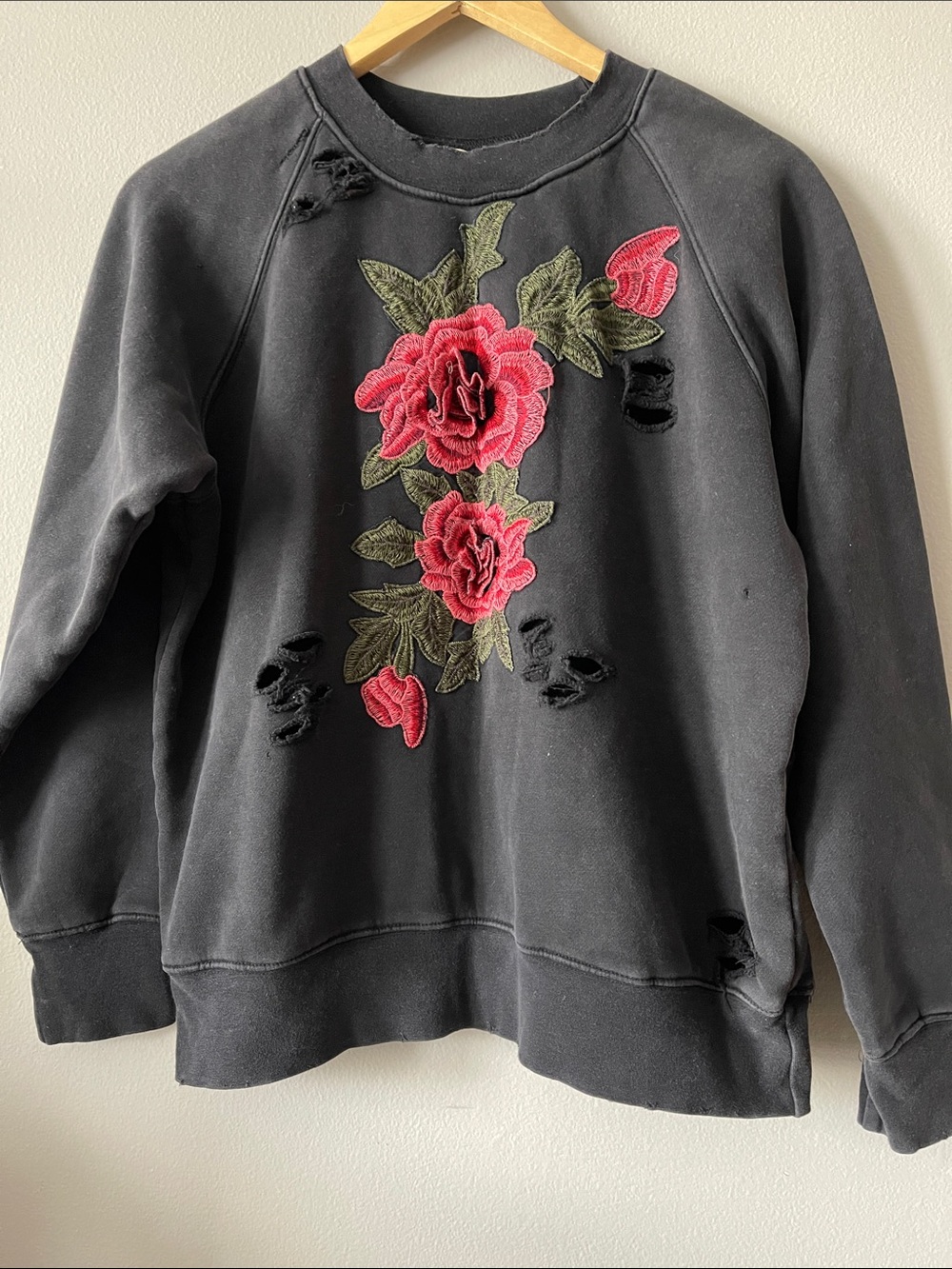New Emma & Sam Black Crewneck Sweatshirt with Pink Rose Appliqué